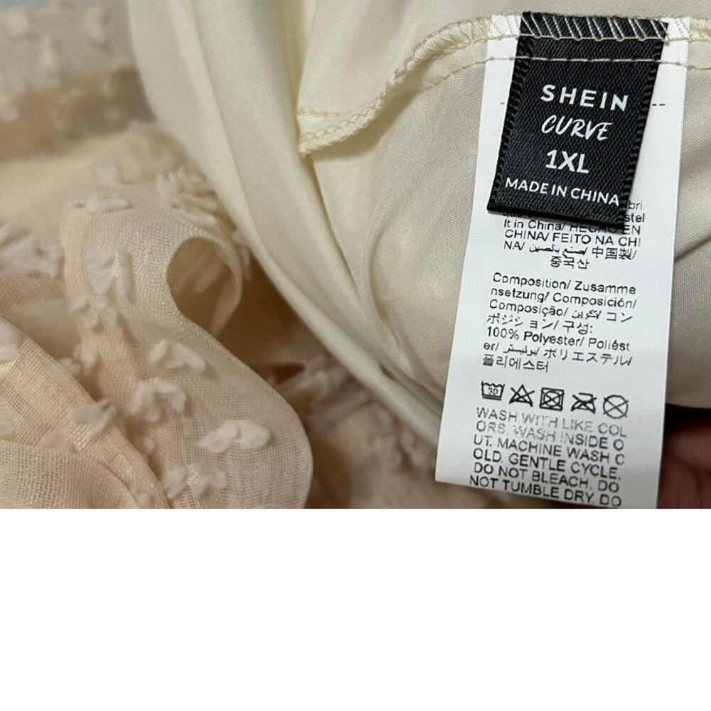 SHEIN Cottagecore Curve V-Neck Jacquard Puff Sleeve Tie Front Cream 3D Dress 1X - Picture 4 of 9